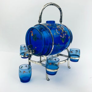 Antique Cobalt Blue Glass Barrel Wine Whiskey Bourbon Scotch Gin Liquor Vodka Bottle Decanter Cordial Shot Glasses ~ Victorian Era Bar Décor