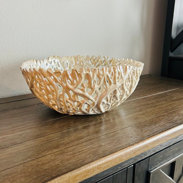 Elegant Coastal Touch: Vintage White Iridescent Ceramic Coral Large Decorative Bowl