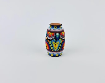 Huichol Hand Beaded Terracotta Clay Mini Small Vase ~ Mexican Folk Art ~ Made In Mexico