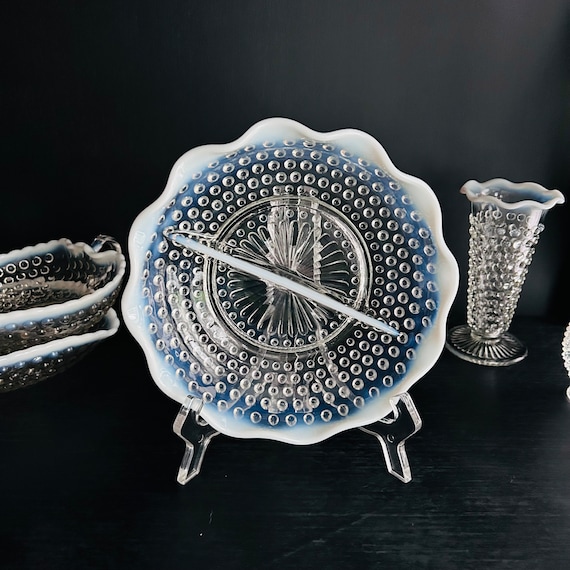 Fenton Opalescent Divided Dish: Hobnail Moonstone Glass, USA