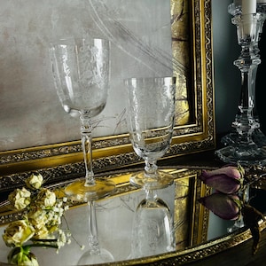 Fostoria Meadow Rose Etched Crystal Claret Wine Water Glasses Set of 2 ~ Mid Century Clear Glass Stemware