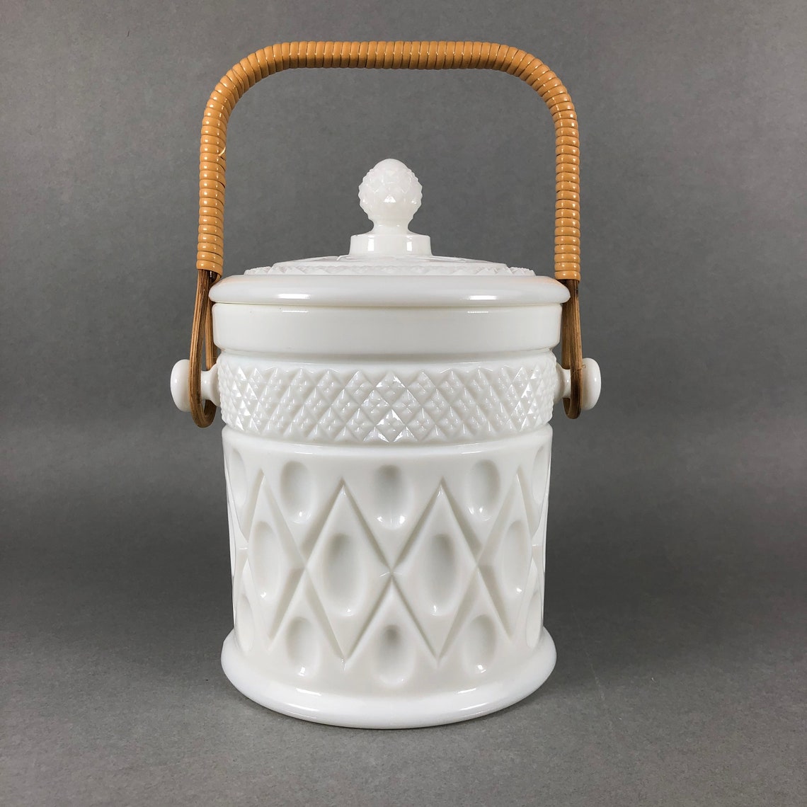 Vintage Imperial Milk Glass Biscuit Jar Raffia Handle Etsy