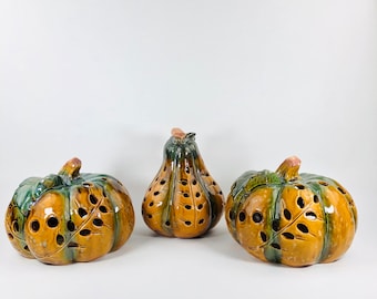 Large Glazed Ceramic Pumpkins Set of 3/ Decorative Fall Ceramic Pumpkins Set/ Harvest Pumpkin Table Decor/ Life-size Pumpkins