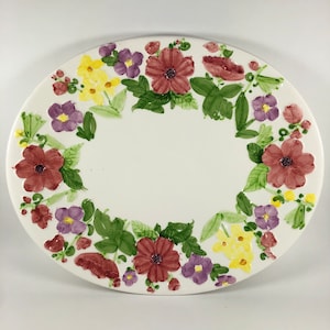 Vintage Floral Ceramic Platter ~  White Green Yellow Pink Purple Ceramic Oval Serving Plate ~ Ceramic Flowers Platter