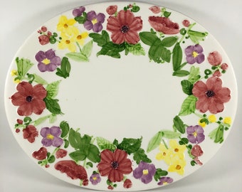 Vintage Floral Ceramic Platter ~  White Green Yellow Pink Purple Ceramic Oval Serving Plate ~ Ceramic Flowers Platter