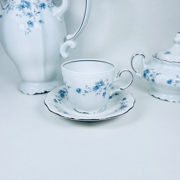 Vintage Bavarian Blue White Porcelain Tea Coffee Mug Cup Saucer Set: Johann Haviland Blue Garland China ~ Classic Tea Coffee Collection