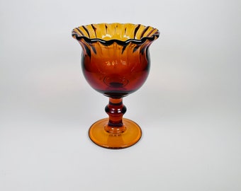 Vintage Imperial Amber Glass Ruffle Edge Pedestal Footed Bowl Candy Dish