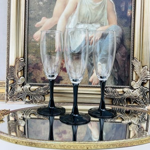 Vintage French Luminarc Black Stem Champagne Flutes or Wine Glasses - Set of 3 - Classic Elegance for Your Celebrations