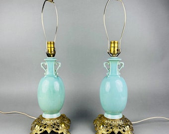 Vintage Teal Ceramic Brass Lamps ~ Blue Green Porcelain Greek Urn Bedside Lamps