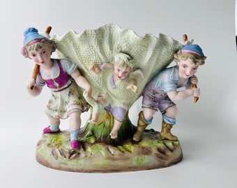 Antique Sitzendorf Dresden Porcelain Planter Vase ~ Large Porcelain Cherub Putti Centerpiece Bowl