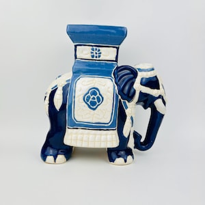 Vintage White Blue Ceramic Elephant Plant Stand Jardiniere ~ Mid Century Elephant Plant Stand