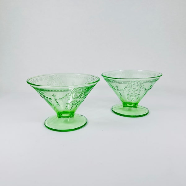 Vintage Rose Cameo Green Uranium Vaseline Depression Glass Sundae Sherbet Fruit Desert Dishes Bowls ~ Fluorescent Glassware