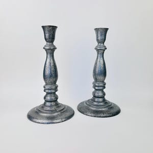 Vintage Cast Aluminum Pewter Large Taper Candle Candlesticks Holders ~ Early American Colonial Fireplace Mantle Candlesticks Candle Holders