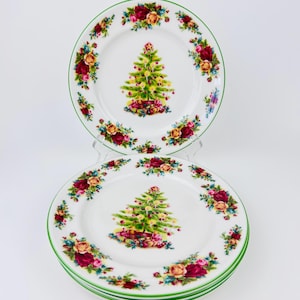 Royal Albert &#39;Old Country Roses Christmas Porcelain 9&quot; Luncheon Plates Set of 4 ~ Holiday Classic Collection ~ Unique Christmas Gift