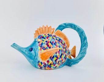 Ceramic Fish Teapot ~ Tropical Needlefish Swordfish Handmade Teapot ~ Tropical Kitchen Decor