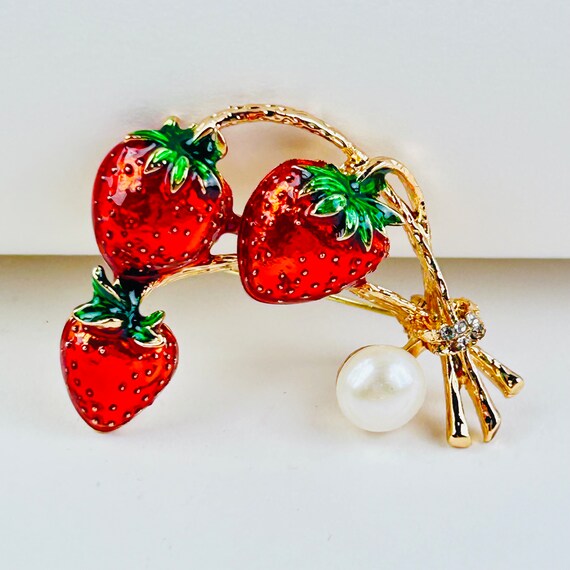 Summer Berry Bliss: Red Strawberry Enamel Brooch … - image 5
