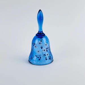 Vintage Fenton Blue Glass Dinner Bell ~ Fenton Glass Collectible Bell ~  Made in USA ~ Hand Painted White Flowers
