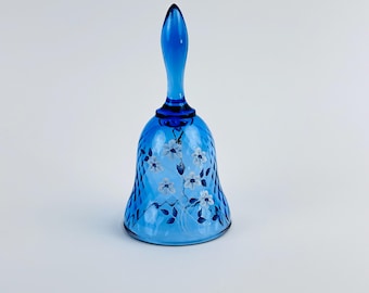 Vintage Fenton Blue Glass Dinner Bell ~ Fenton Glass Collectible Bell ~  Made in USA ~ Hand Painted White Flowers