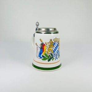 Vintage German Coat of Arms Heritage Beer Stein Tankard Mug - Wacker Ceramic with Pewter Lid &