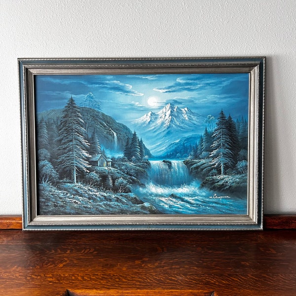 Vintage Winter Moonlit Mountain Landscape Art Oil Painting by W. Chapman 41" x 29" ~ Snowy Forest Painting