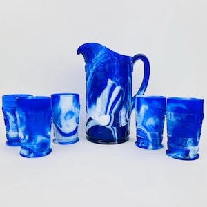 Blue Slag Glass Pitcher and Tumbler Set by L.G. Wright Co. ~ God Bless Our Home ~ In God We Trust ~ Vintage Slag Glass