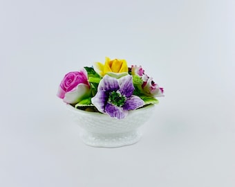 Vintage Coalport Miniature Flowers in Basket ~ Porcelain Bone China Roses Anemones Bouquet