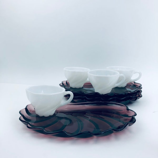 Vintage Hazel Atlas Seashell White Milk Glass Tea Coffee Cup Saucer Set ~ Luncheon Snack Sets Cups Trays