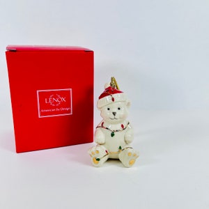 Lenox Porcelain Christmas Ornament Santa Very Merry Teddy Bear Ceramic Tree Ornament ~ Cream Ivory and Gold Ornaments