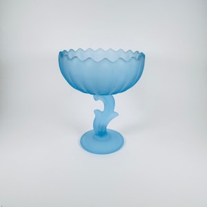 Satin Blue Frosted Glass Lotus Flower Pedestal Glass ~ Blue Glass Indiana Glass  Lotus Compote Bowl ~ Frosted Blue Glass Pedestal Dish