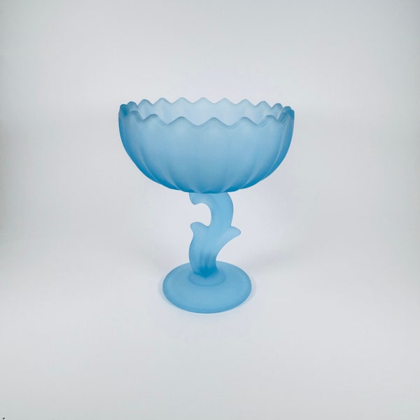 Satin Blue Frosted Glass Lotus Flower Pedestal Glass ~ Blue Glass Indiana Glass  Lotus Compote Bowl ~ Frosted Blue Glass Pedestal Dish