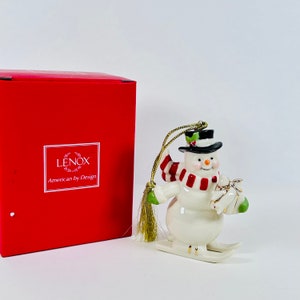 Lenox Porcelain Christmas Ornament Very Merry Snowman On Skis Ceramic Tree Ornament ~ Cream Ivory and Gold Ornaments