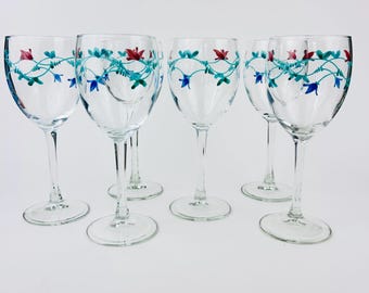 Verres à vin floraux peints à la main - Bleu Portofino - Lot de 6