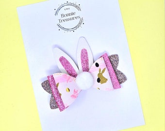 Handmade Easter Hair Bow Alligator Clip Easter Bunny Rabbit Faux Leather Ribbon Easter Bunny Rabbit  Parade Party Girls