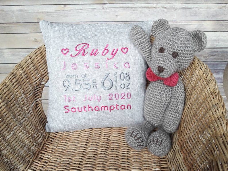 Cushion Embroidered With New Baby Details Sew Unique Artwork Etsy