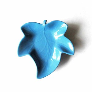 May include: A light blue ceramic leaf-shaped dish. The dish is perfect for serving small snacks or holding jewelry.
