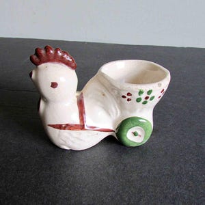 Vintage Ceramic Egg Cup Toothpick Holder, chicken with cart, Mid Century 3.5 inches long  FREE SH