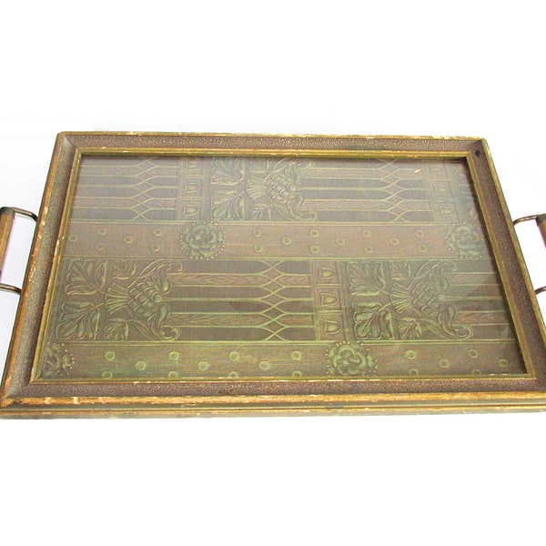 Vintage Glassed Wood Serving Tray with Embossed Patterned Paper, 20x11.75"   FREE SH