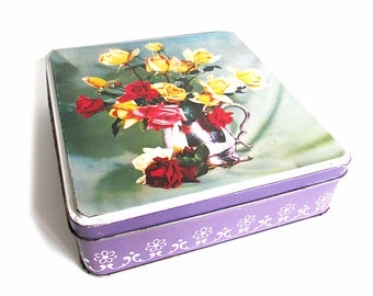 Vintage British Biscuit Tin with Roses Bouquet 9.25x8.75" tall  FREE SH