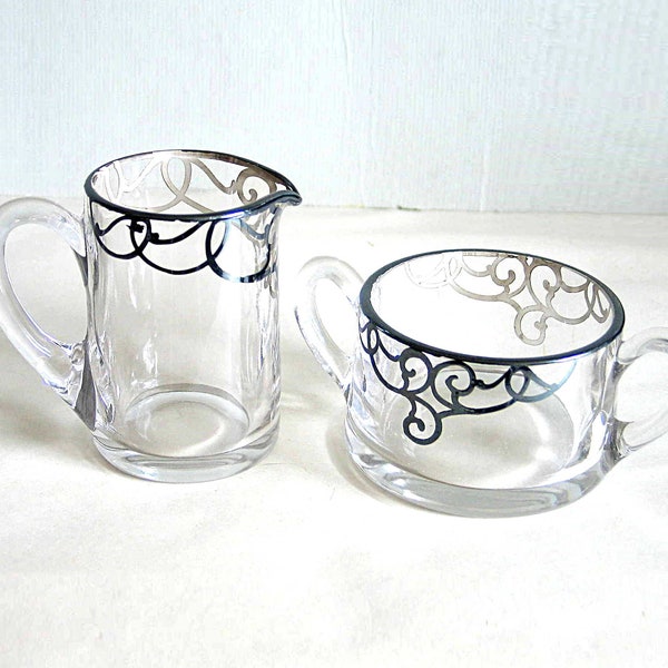 Vintage Art Nouveau Sterling Silver Overlay Glass Creamer and Sugar Bowl Set  FREE SH
