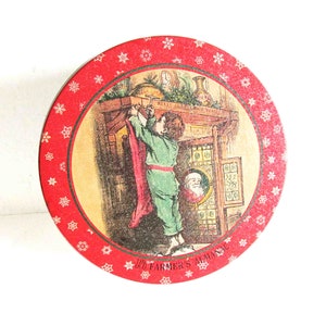 Vintage The Old Farmers Almanac, Christmas Metal Cookie Tin, Boy Hanging Stocking 8.25x3&quot; FREE SH