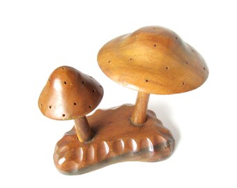 Wooden Mushroom Appetizer Server MCM Boho Treen Art 1960s Dolphin Monkeypod 7x7.5" tall  FREE SH