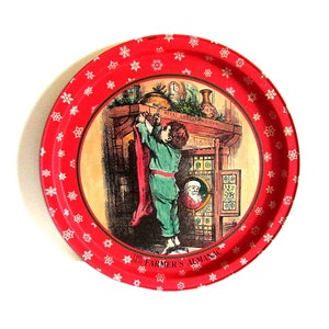 Vintage The Old Farmers Almanac, Metal Serving Tray, Boy Hanging Christmas Stocking 10.75&quot; FREE SH