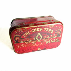Antique ChiChesTer Diamond Brand Pills Apothecary Tin, Early 1900s Medical Advertising 1 1/2 by 2 3/8 by 1 inch tall FREE SH
