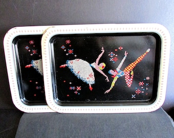 Pair Vintage Black Metal Pixel Ballet Dancers Trays Serving Lap 1950s 17.5x12.75"    FREE SH