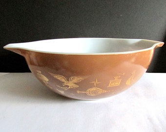 1960s Pyrex Early American, Colonial Brown with Gold, Nesting Cinderella Mixing Bowl 4 Qt #444  FREE SH