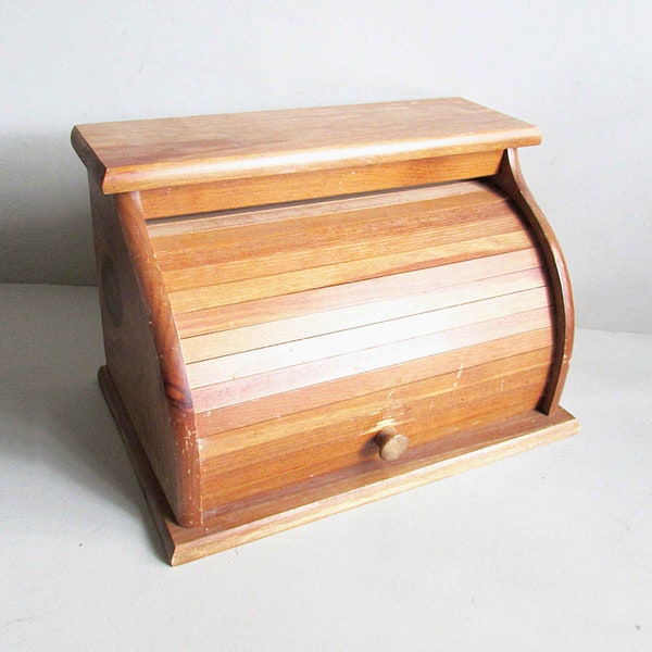 1980s Vintage Oak Wood Country Roll Top Style Bread Box Rustic Farmhouse 17.5x11x 11.5" tall  FREE SH