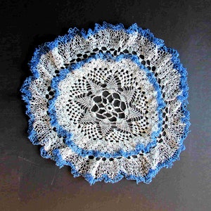 Mid Century Hand Made - Thread Crocheted Doily - Blue White 3D Effect  19" FREE SH