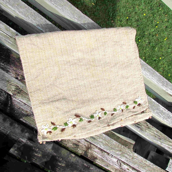 Natural Burlap Table Runner Embroidered and Beaded 71x13"  FREE SH