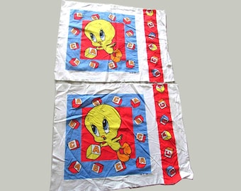 Set of 2 Vintage Tweety Bird Cotton Quilt Panels, Warner Brothers, Alphabet Block Fabric 14 x 14 inches FREE SH