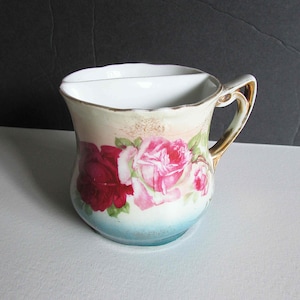 Antique German Porcelain Shaving Mug, Hand Painted Roses, Teal and Gold Trim, 3.5 rim x 3.5 inches tall FREE SH